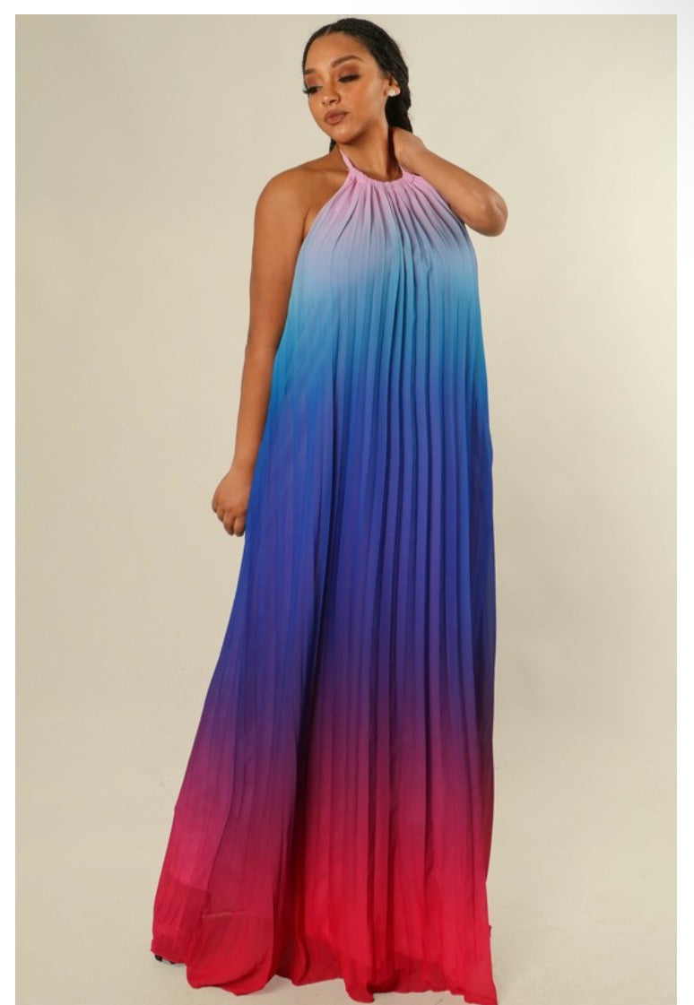 Multi-Colored Pleated Halter Neck Open Back Maxi Dress