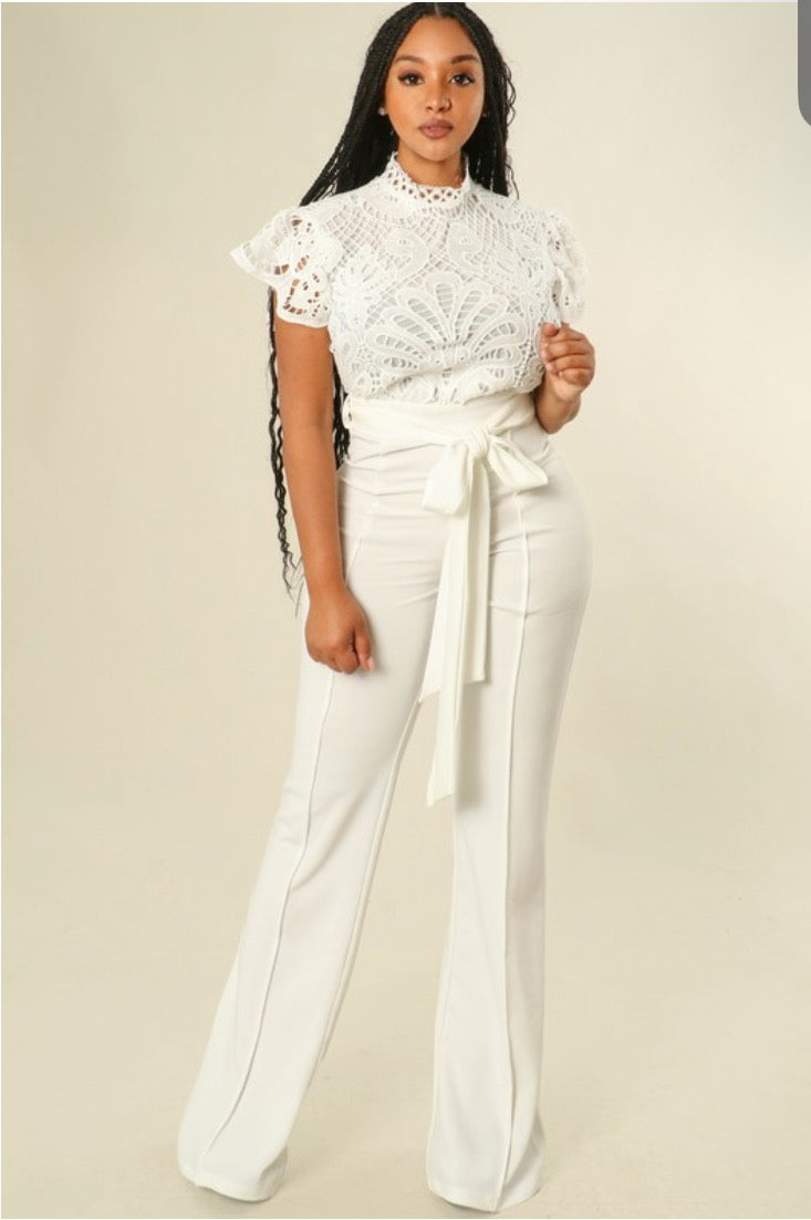 White Lace Mock Neck Jumpsuit