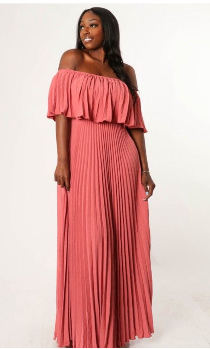 Mauve Off Shoulder Pleated Dress