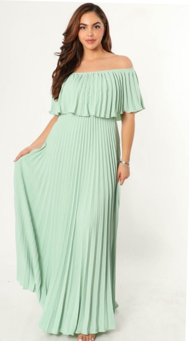 Sage Green Off-Shoulder Pleated Dress