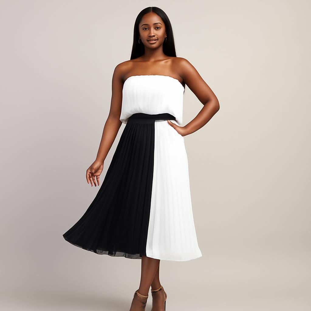 Black & Cream/Off White Color Block Strapless Dress
