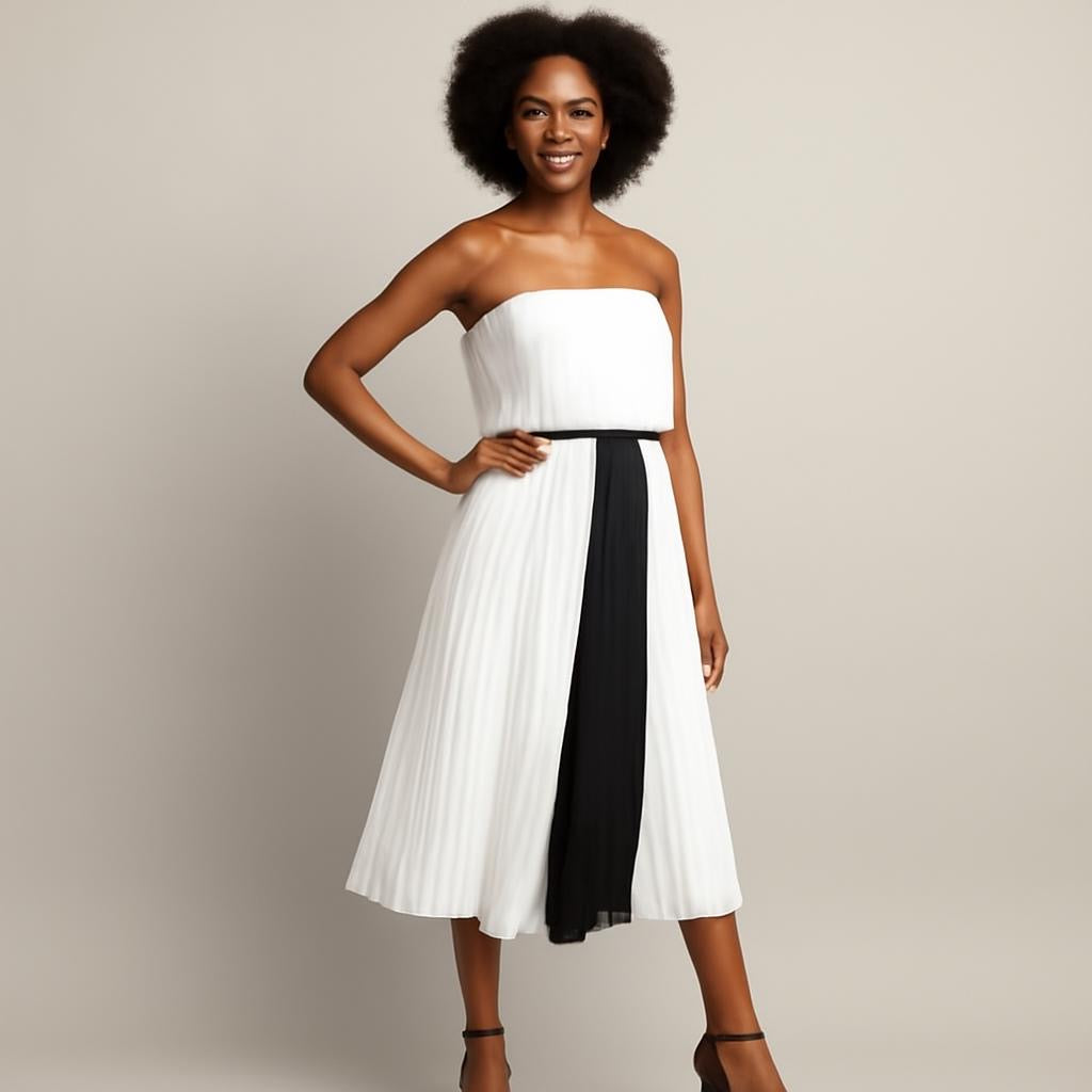 Black & Cream/Off White Color Block Strapless Dress