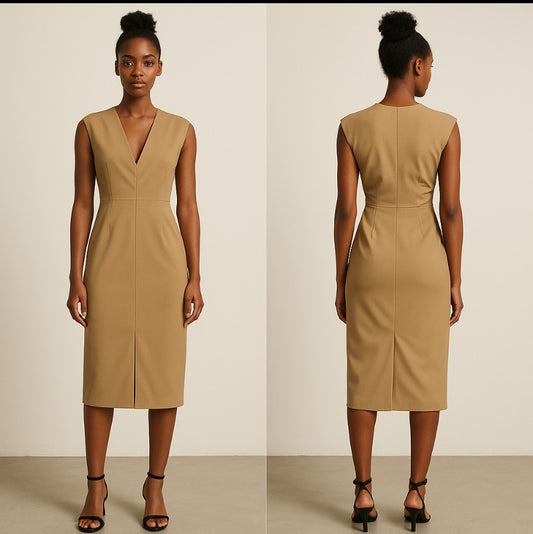 Beige Elegance - Draped Waist Midi Dress