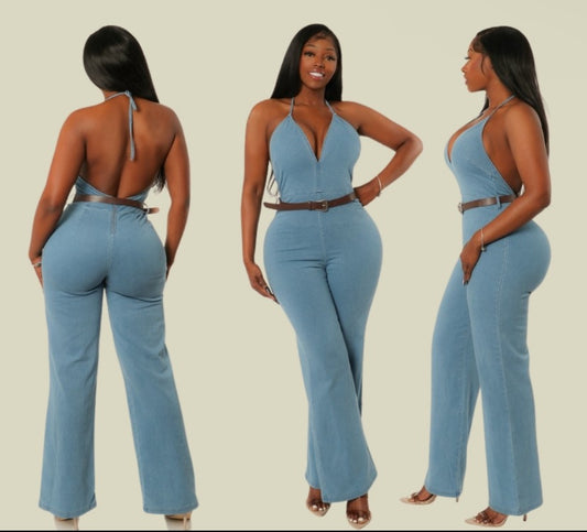 Denim Halter Deep V-Neck Jumpsuit